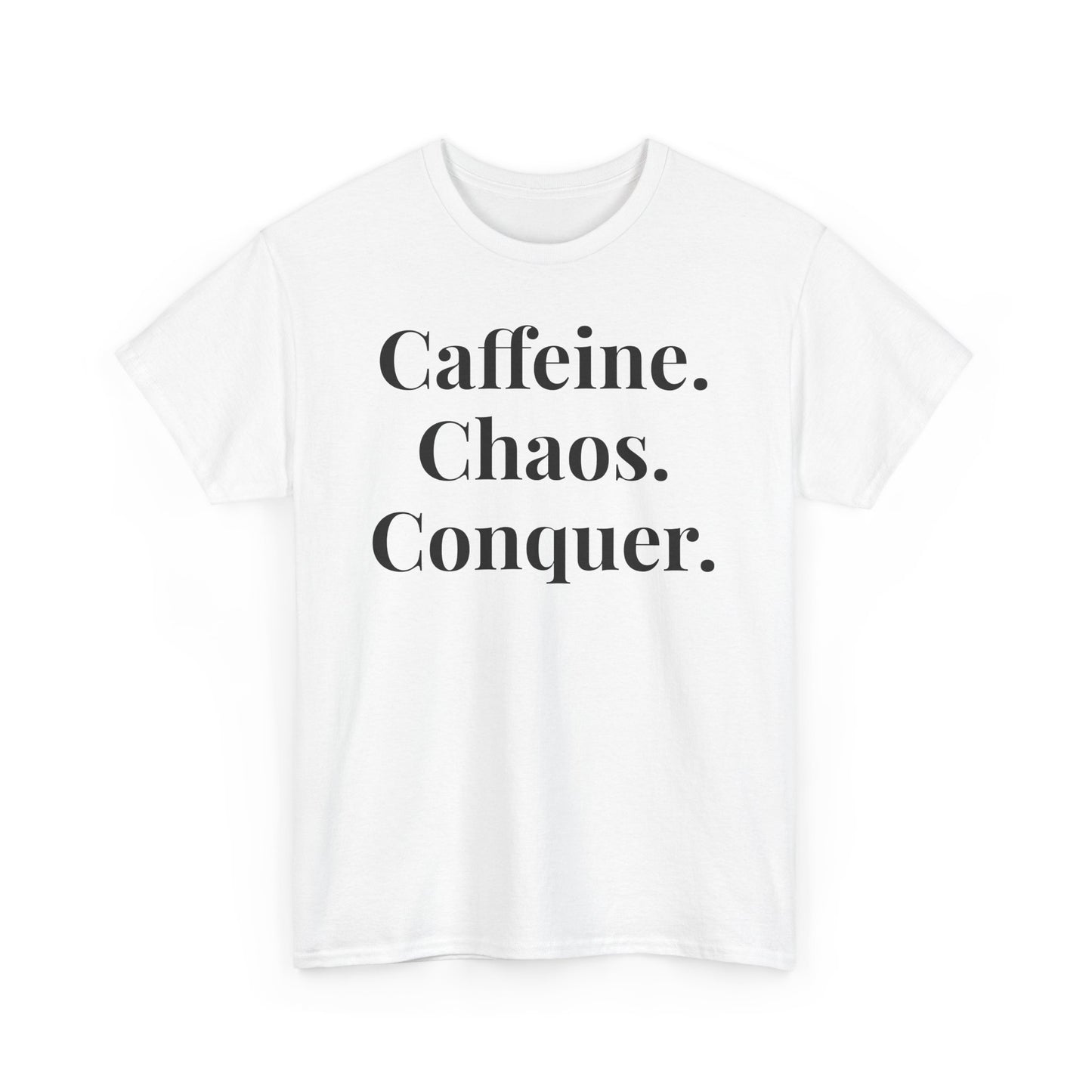 Caffeine Chaos Conquer Tee, Motivational Shirt, Unisex Cotton Tee, Gift for Coffee Lovers, Funny Daily Wear