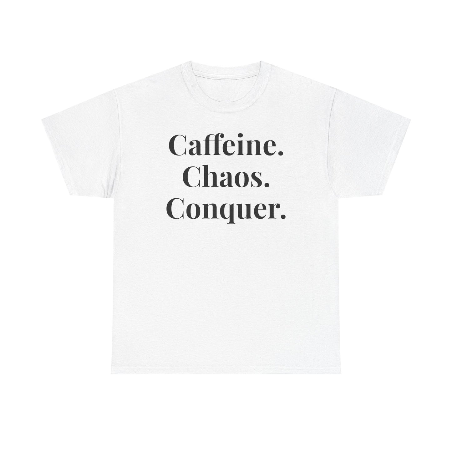 Caffeine Chaos Conquer Tee, Motivational Shirt, Unisex Cotton Tee, Gift for Coffee Lovers, Funny Daily Wear
