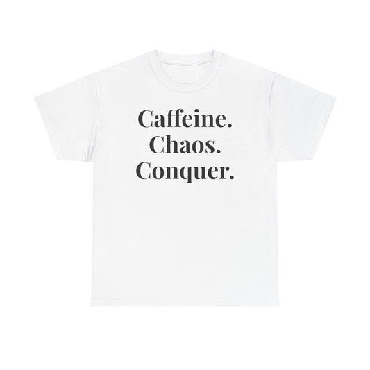 Caffeine Chaos Conquer Tee, Motivational Shirt, Unisex Cotton Tee, Gift for Coffee Lovers, Funny Daily Wear